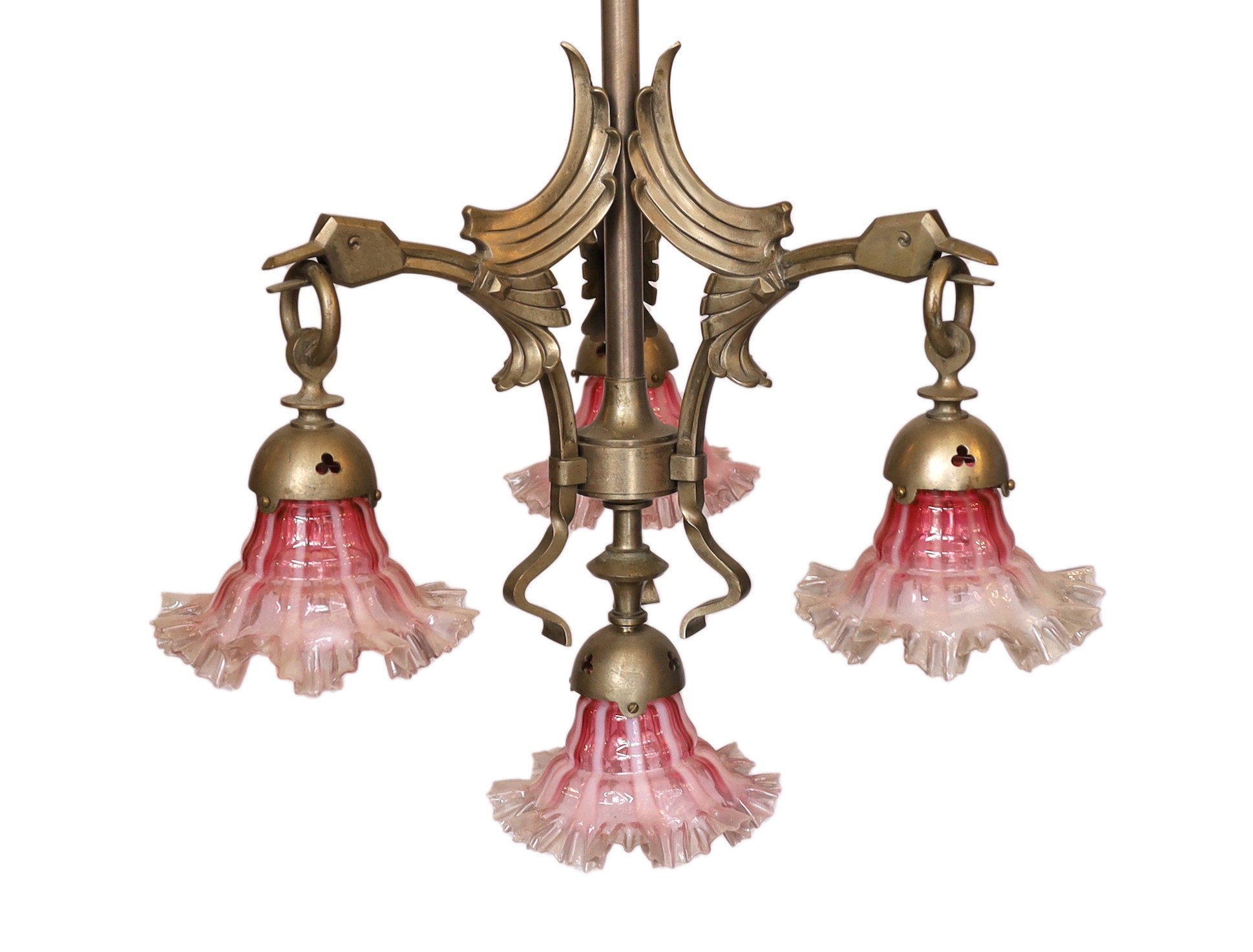 A 1930's Austrian silvered bronze four light chandelier decorated with stylised birds heads, with pink tinted frilled glass shades, height 94cm. width 52cm